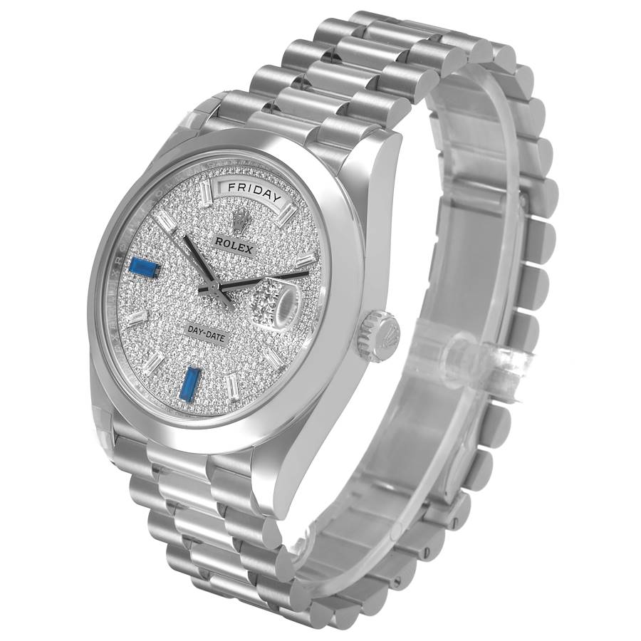 President Day-Date 40 Diamond Sapphire Platinum Mens Watch 228206 Box Card