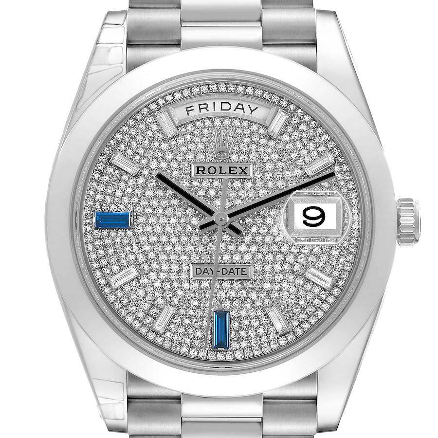 President Day-Date 40 Diamond Sapphire Platinum Mens Watch 228206 Box Card