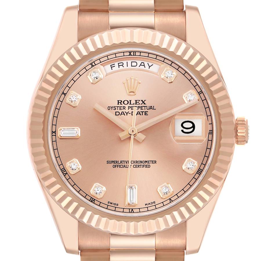 President Day-Date II 41 Rose Gold Diamond Mens Watch 218235 Box Card