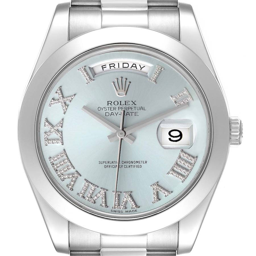 President Day-Date II Platinum Blue Diamond Dial Mens Watch 218206 Box Card
