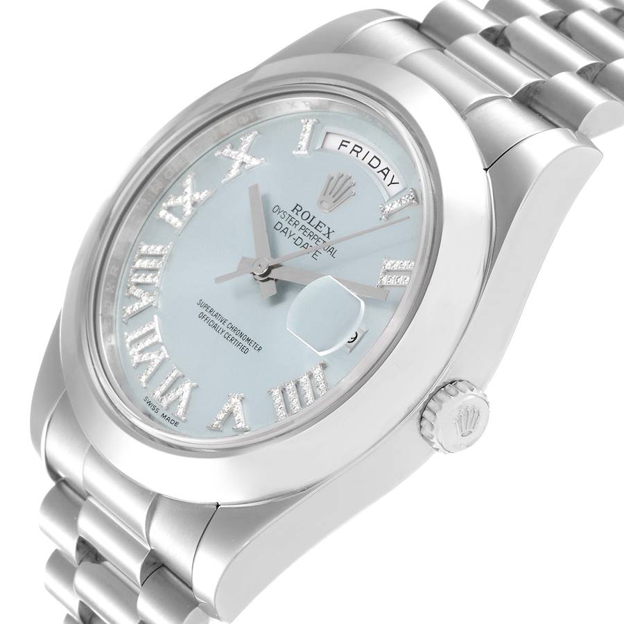 President Day-Date II Platinum Blue Diamond Dial Mens Watch 218206 Box Card