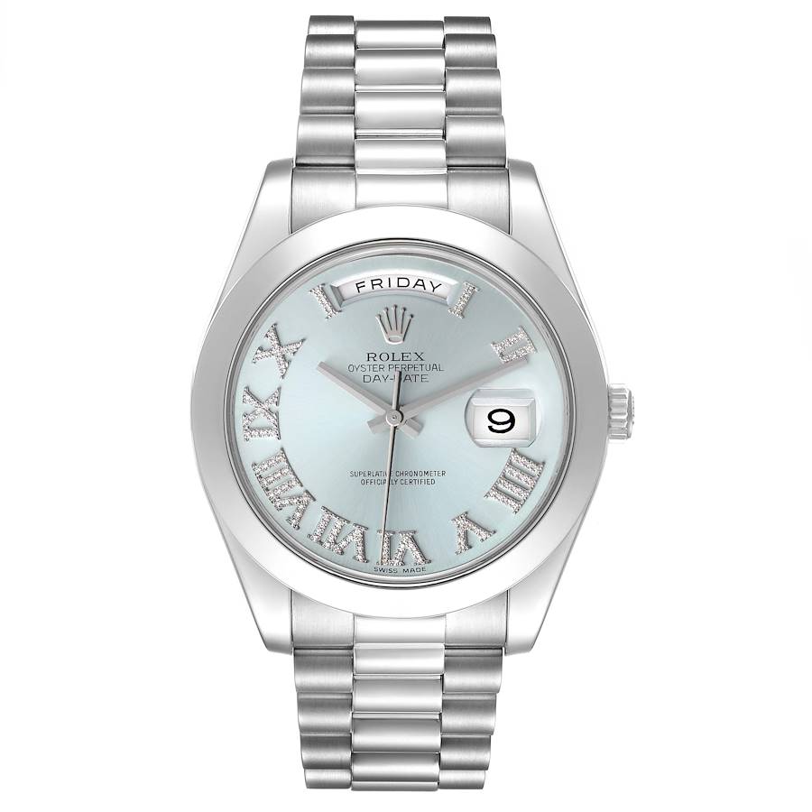 President Day-Date II Platinum Blue Diamond Dial Mens Watch 218206 Box Card