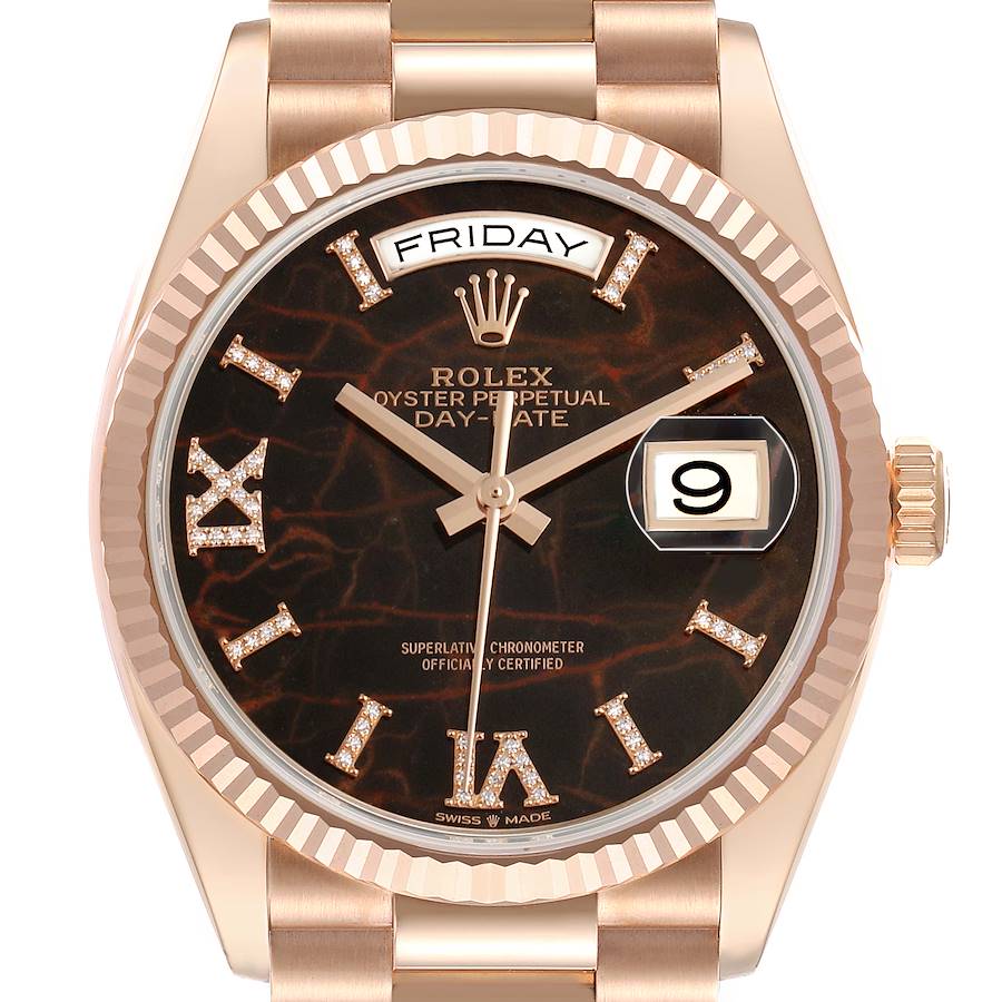 President Day-Date Rose Gold Stone Eisenkiesel Dial Mens Watch 128235 Box Card