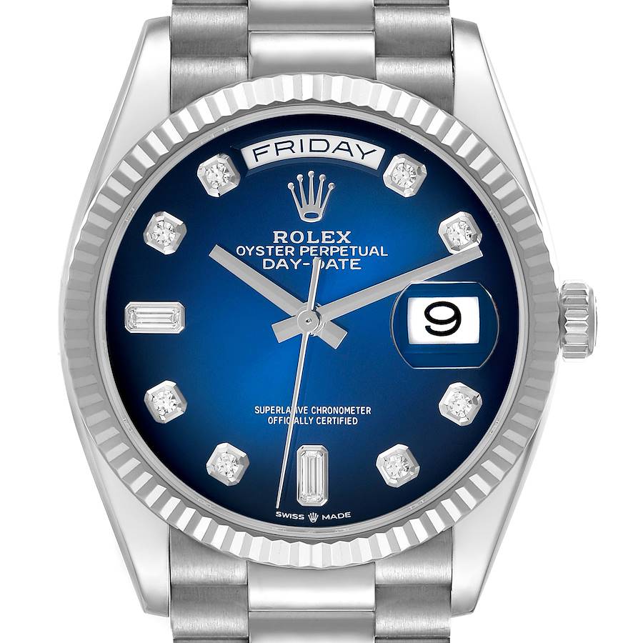 President Day-Date White Gold Blue Diamond Dial Mens Watch 128239 Box Card