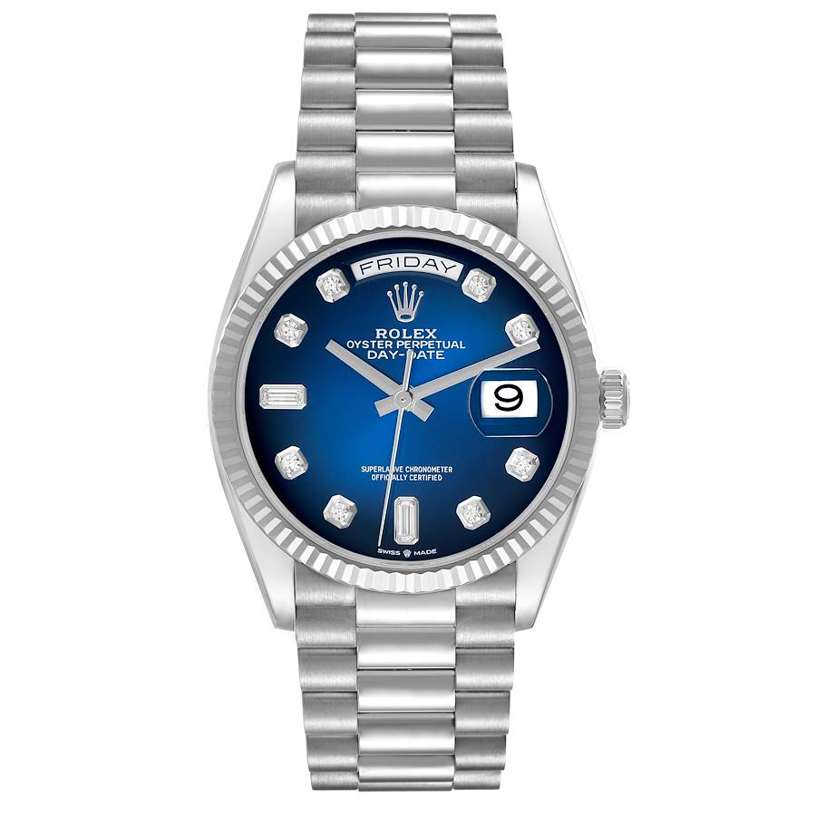 President Day-Date White Gold Blue Diamond Dial Mens Watch 128239 Box Card