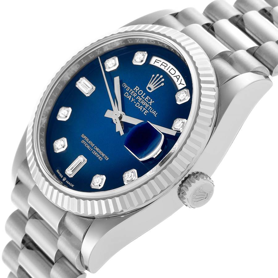 President Day-Date White Gold Blue Diamond Dial Mens Watch 128239 Box Card