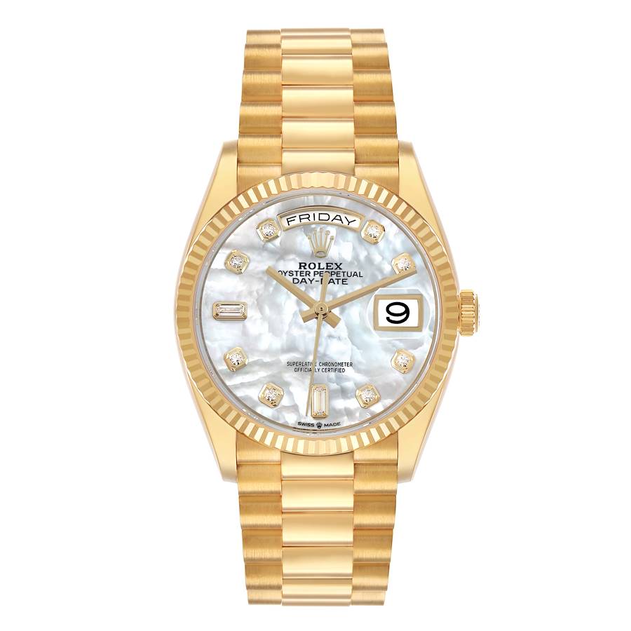 President Day-Date Yellow Gold MOP Diamond Dial Mens Watch 128238 Box Card