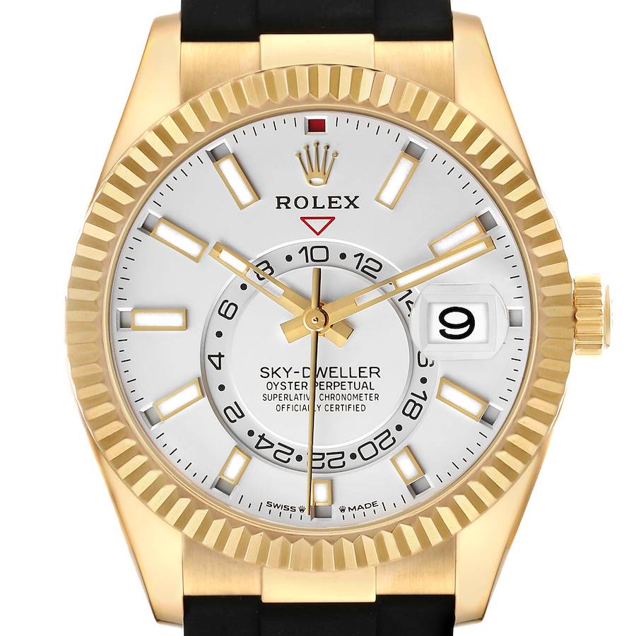 Sky-Dweller White Dial Yellow Gold Oysterflex Mens Watch 336238 Box Card