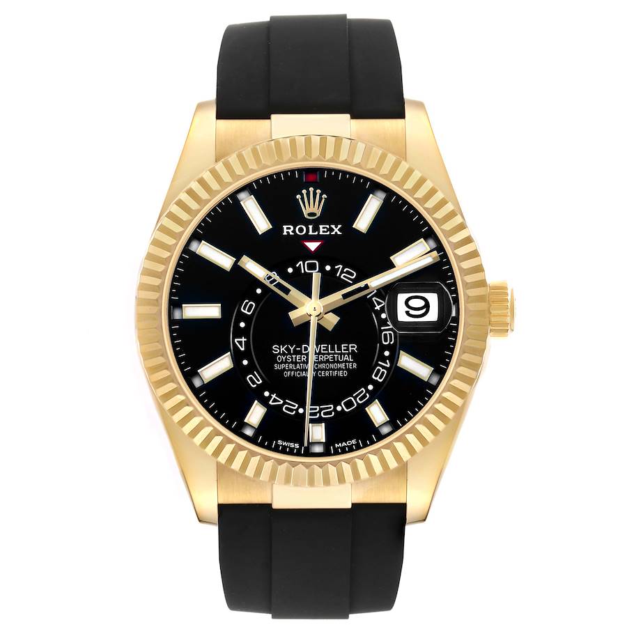 Sky-Dweller Yellow Gold Black Dial Oysterflex Mens Watch 326238 Box Card