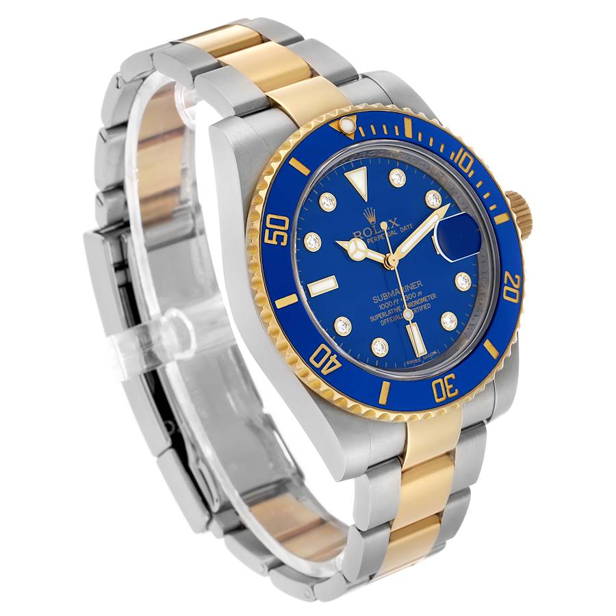 Submariner Steel Yellow Gold Blue Diamond Dial Bezel Mens Watch 116613