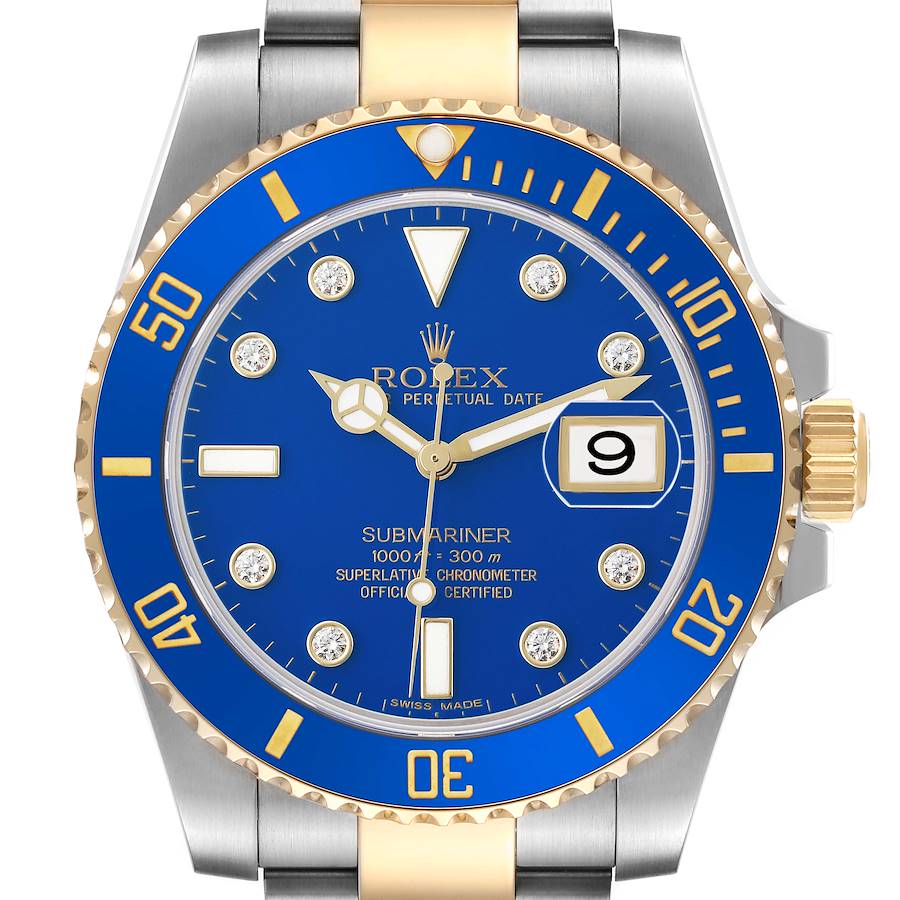 Submariner Steel Yellow Gold Blue Diamond Dial Bezel Mens Watch 116613