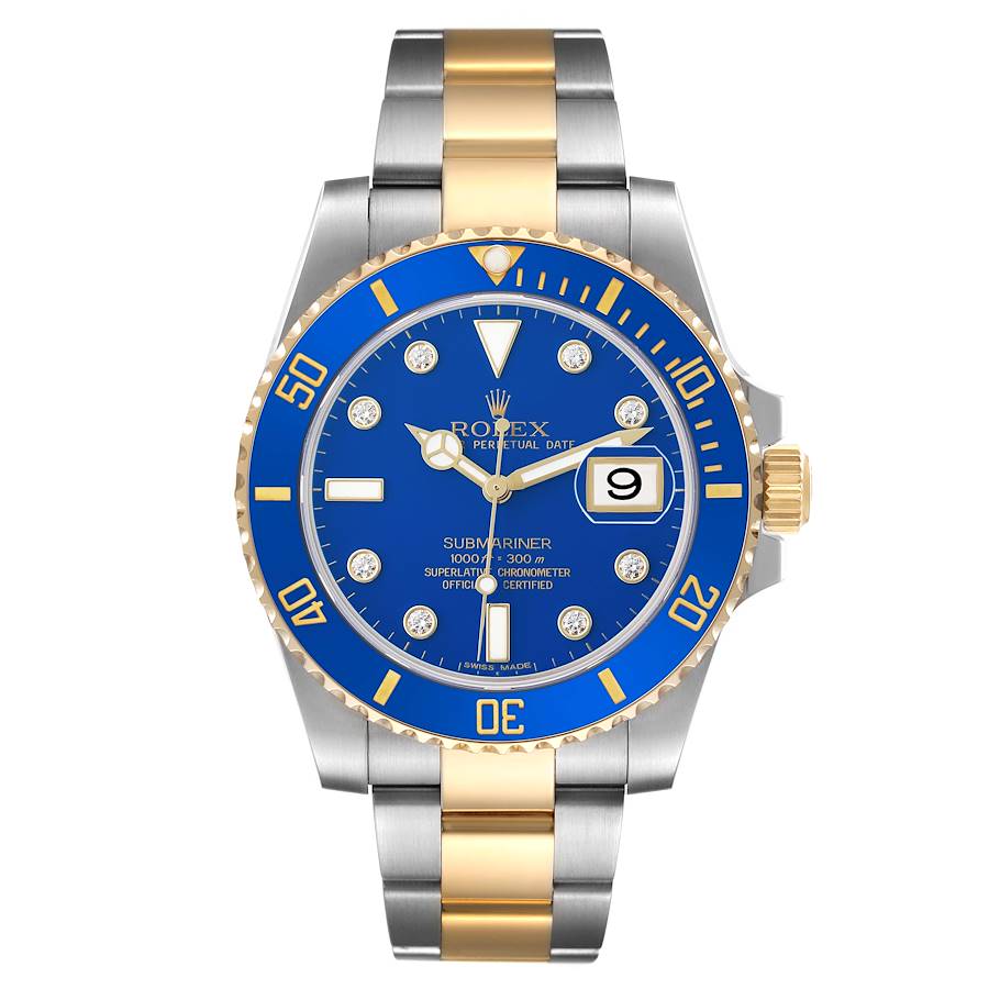 Submariner Steel Yellow Gold Blue Diamond Dial Bezel Mens Watch 116613