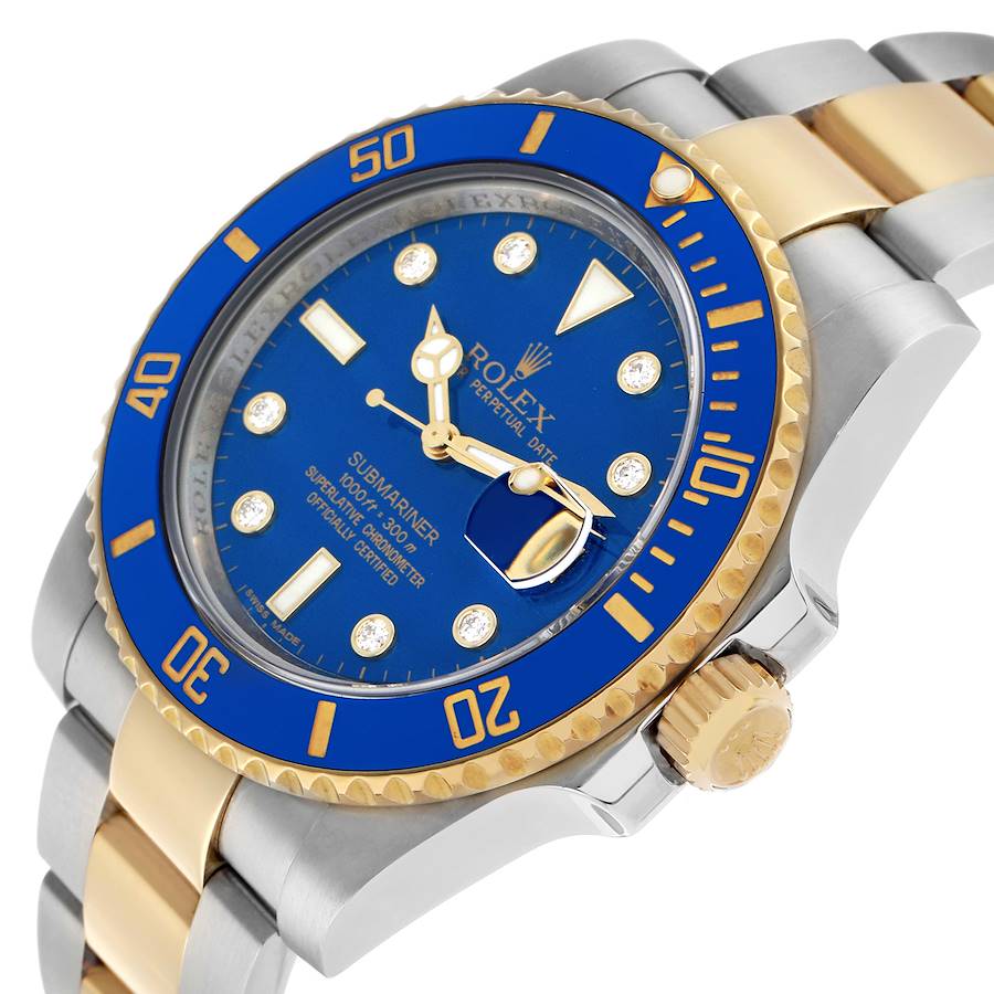 Submariner Steel Yellow Gold Blue Diamond Dial Bezel Mens Watch 116613